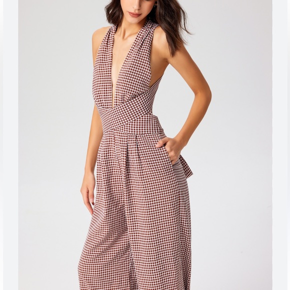 Cider Brown Gingham Plunge V-Neck One Piece Wide Leg Pantsuit Jumpsuit Size XL - Picture 6 of 16
